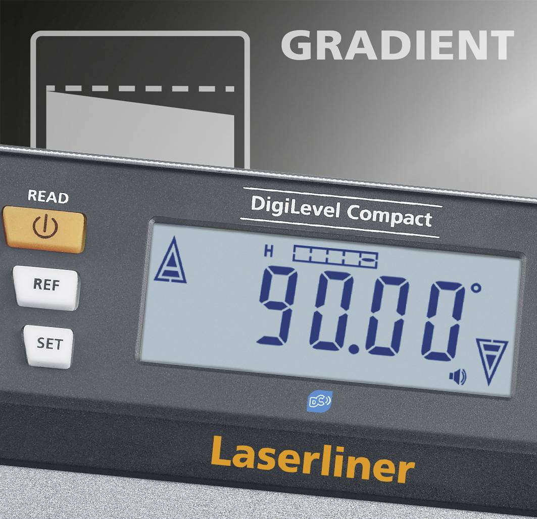 Digitalt hældningsmålingsinstrument med visning af '90,0°'. Taster: 'READ', 'REF', 'SET'. Mærke: Laserliner. Grafisk hældningsvisning øverst til venstre.