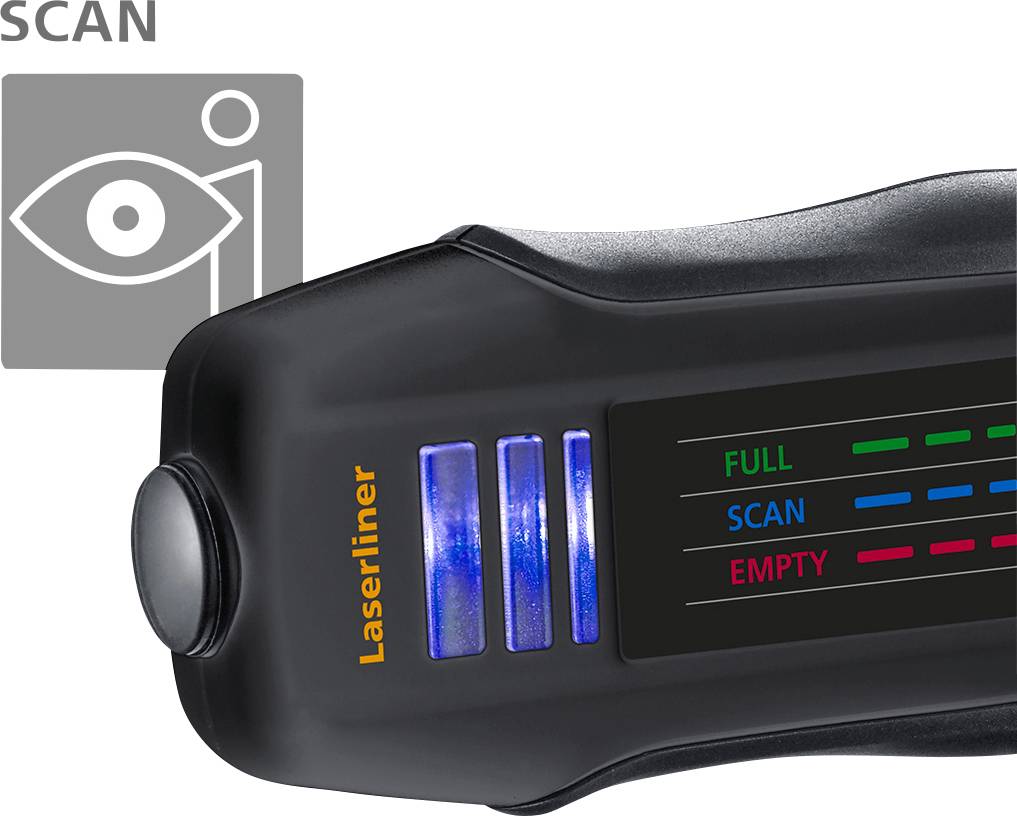 En laserscanner viser opladningsstatus. Displayet viser 'FULD', 'SCAN' og 'TOM' med tilsvarende lysdioder. Øverst til venstre er et scanningssymbol.