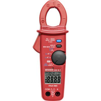 Rødt digitalt multimeter med tangmålingsfunktion til måling af strøm, spænding og modstand. LCD-displayet viser '00.0' med flere indstillingsmuligheder.