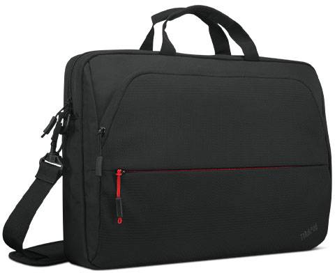 Sort laptoptaske med to håndtag og skulderrem, med en rød lynlåspose foran, enkelt design.