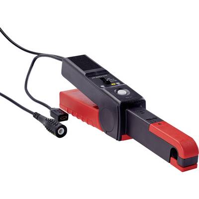 Rød og sort strømtang med kabel og stik. Værktøj til måling af elektriske strømme, hyppigt brugt inden for elektronik.