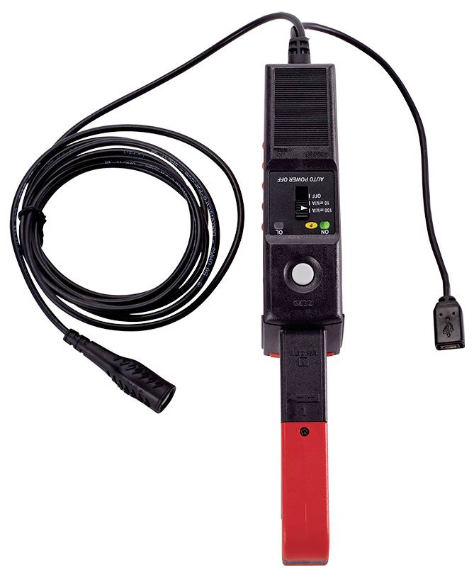 Et sort og rødt elektrisk måleapparat med aftagelig sonde og kabel. Apparatet viser måleværdier på en lille skærm.