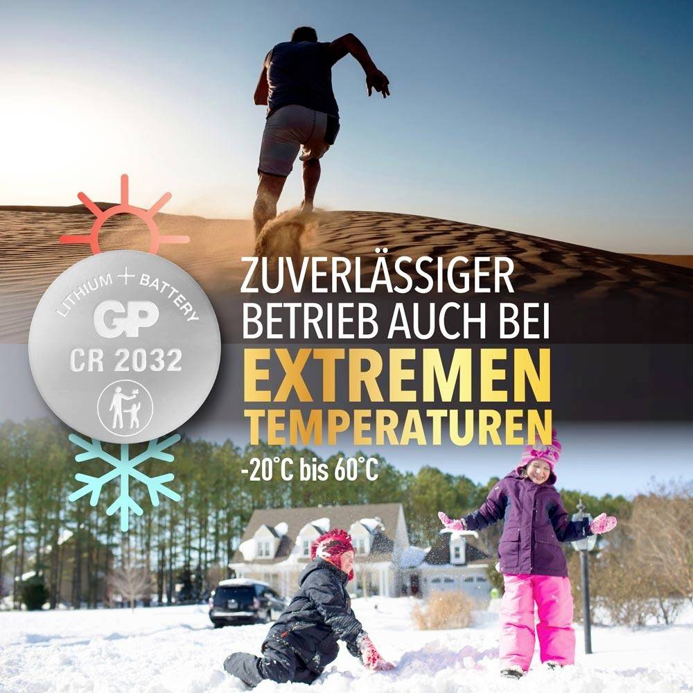 Annoncer for GP CR2032-Lithiumbatteri: pålidelig drift ved ekstreme temperaturer fra -20 °C til 60 °C, vist med ørkenvarme og snescene.