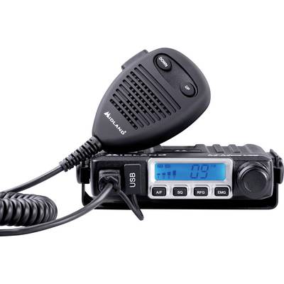 Et radioapparat med mikrofon og digitalt display viser nummeret '09'. Taster for 'Op' og 'Ned' er synlige.