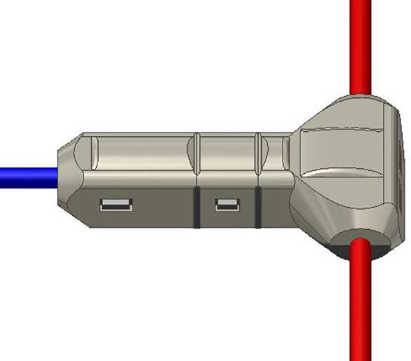 Et skematisk diagram viser en elektrisk stikforbindelse med røde og blå kabler, som er påsat.