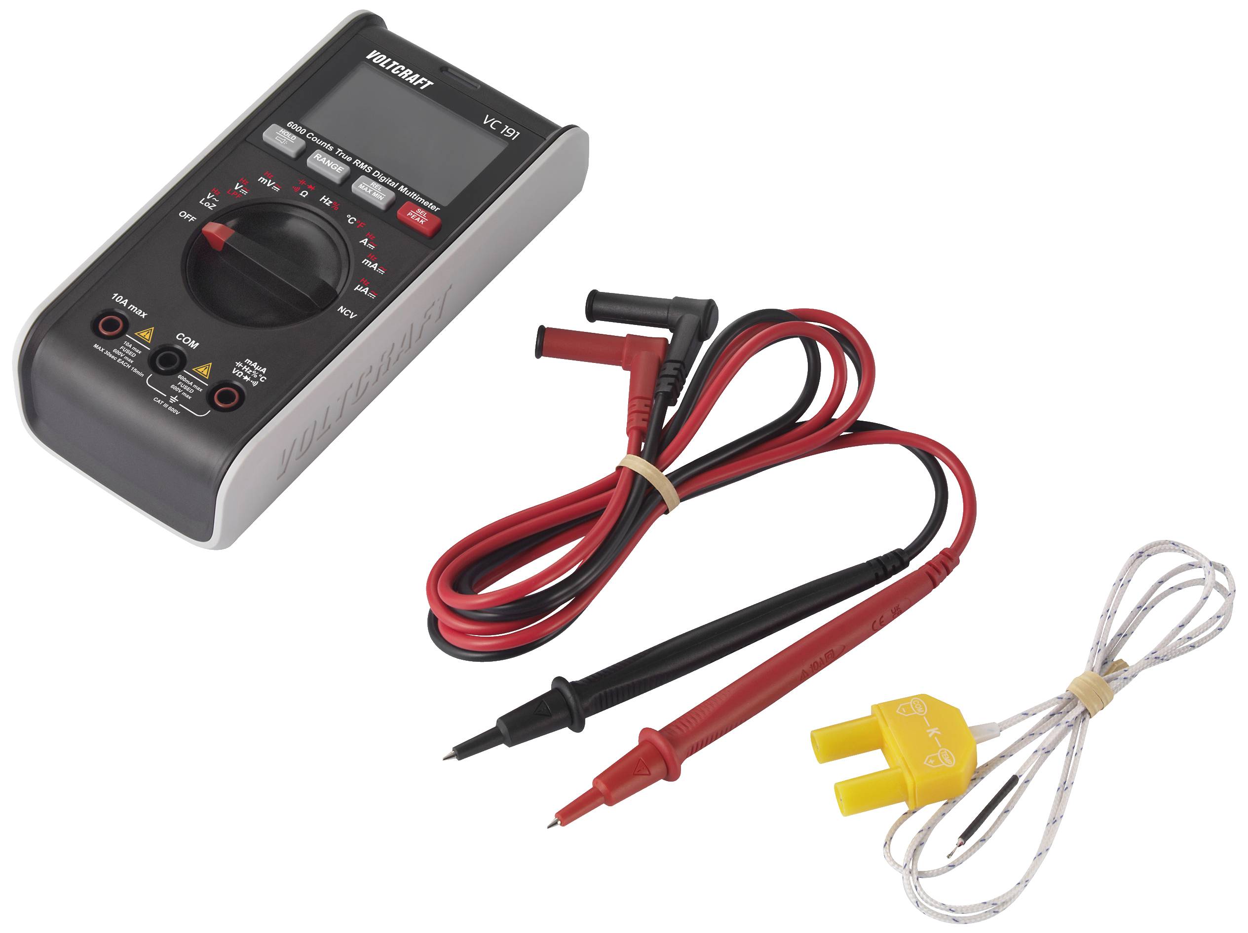 Digitalt multimeter med drejelig omskifter og kabler til elektriske målinger