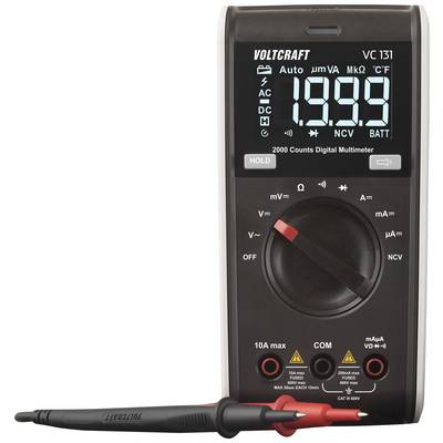 Digitalt multimeter med stort display viser '19.99'. Indeholder rød og sort målesonde. Mærke: Voltcraft Model: VC 131.