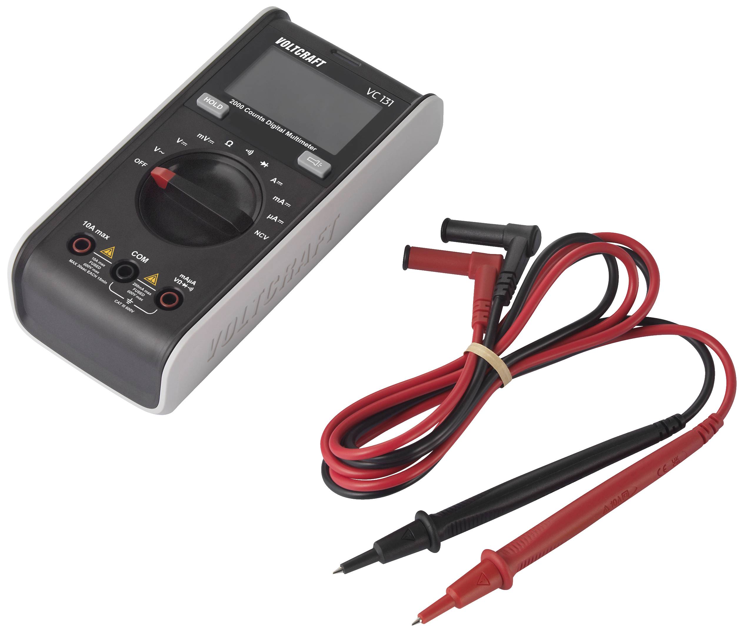 Digitalt multimeter ved siden af testledninger. Enheden har en skærm og en drejeknap til forskellige målingsfunktioner.