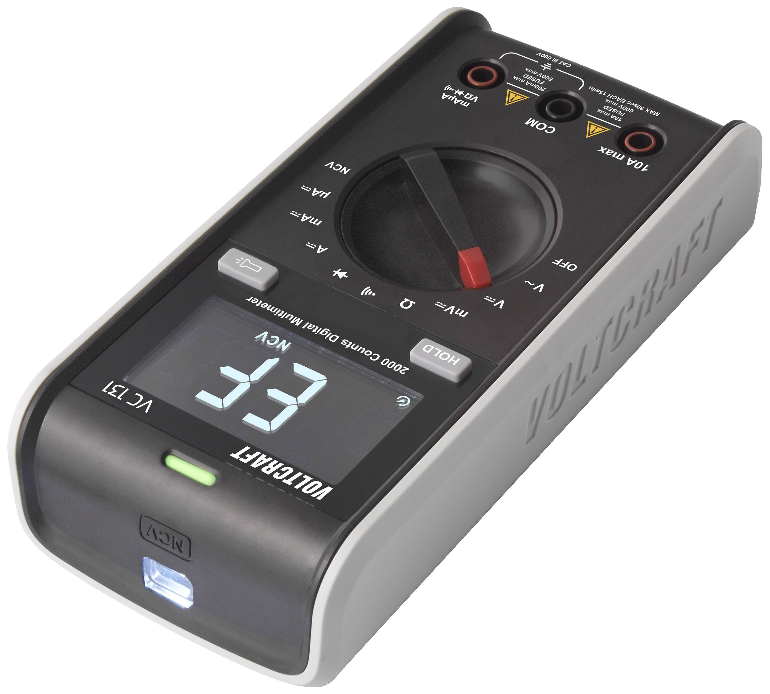 Digitalt voltmeter fra Voltcraft med stort display, der viser '33'. Drejehjul til valg af forskellige målingsfunktioner er synligt.