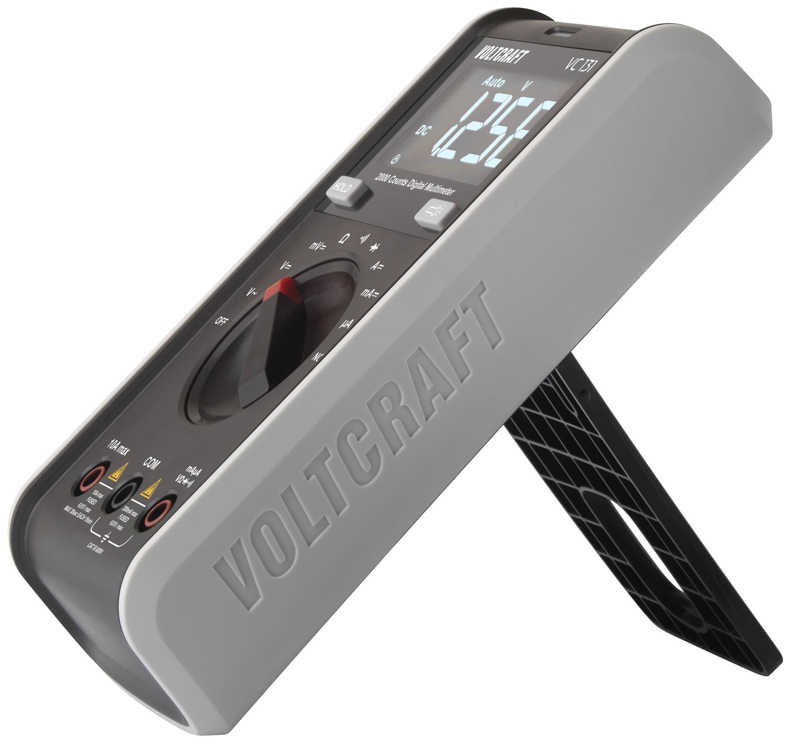 Et digitalt multimeter, let på skrå, viser en spænding på 12,3 V. Mærkenavnet 'Voltcraft' synligt på siden.