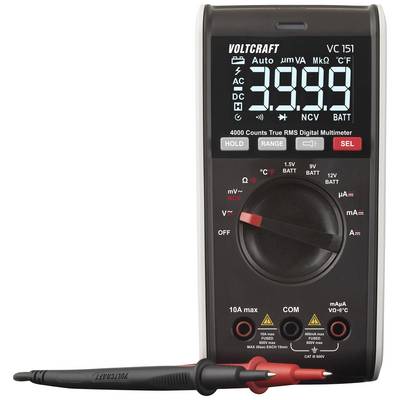 Et digitalt multimeter med en visning på '3.999', forskellige målingsfunktioner og to måleledninger, én sort og én rød.