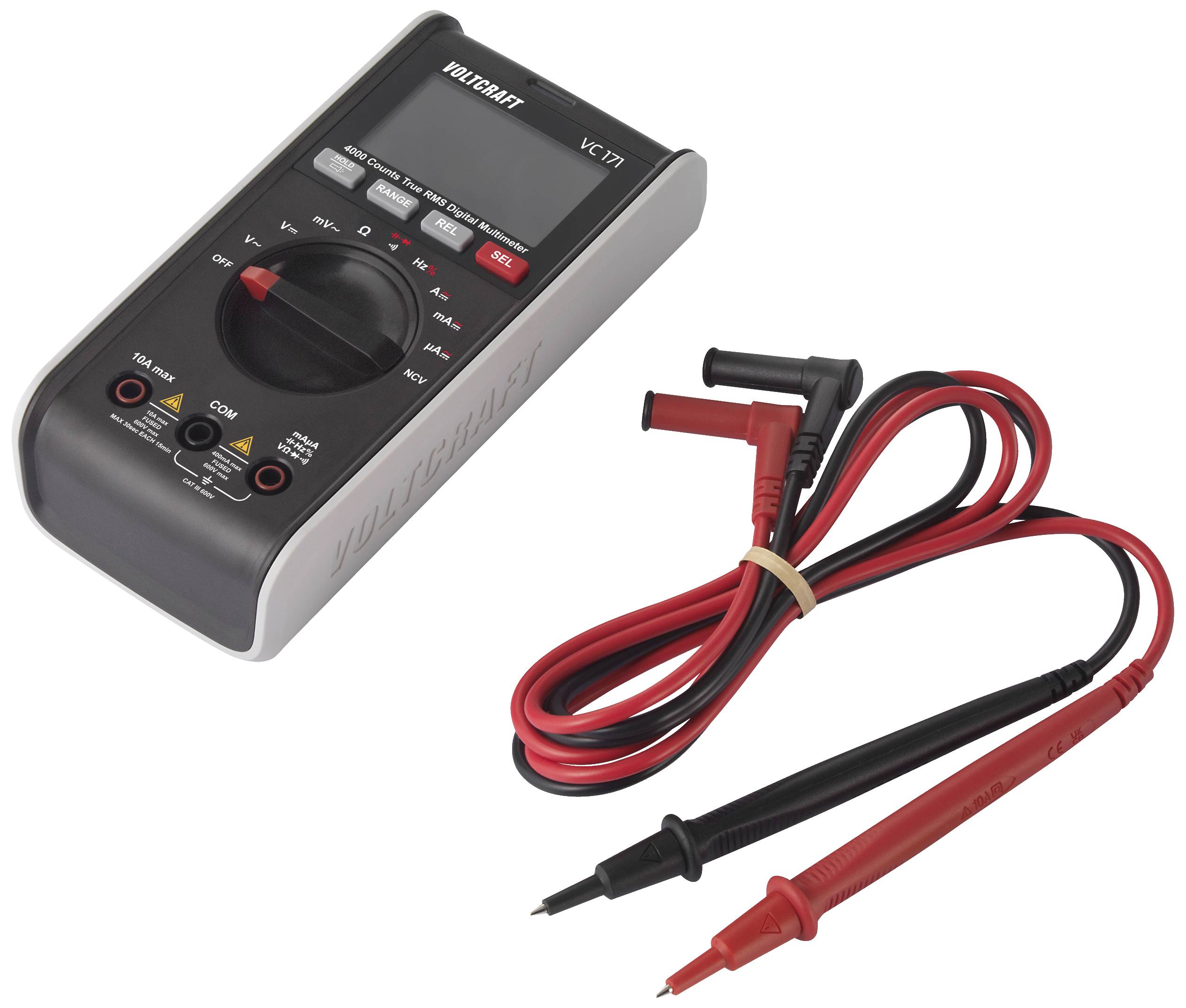 Digitalt multimeter med sort kabinet og rød drejeskive, viser funktioner og måleområder. To måleledninger ligger ved siden af.