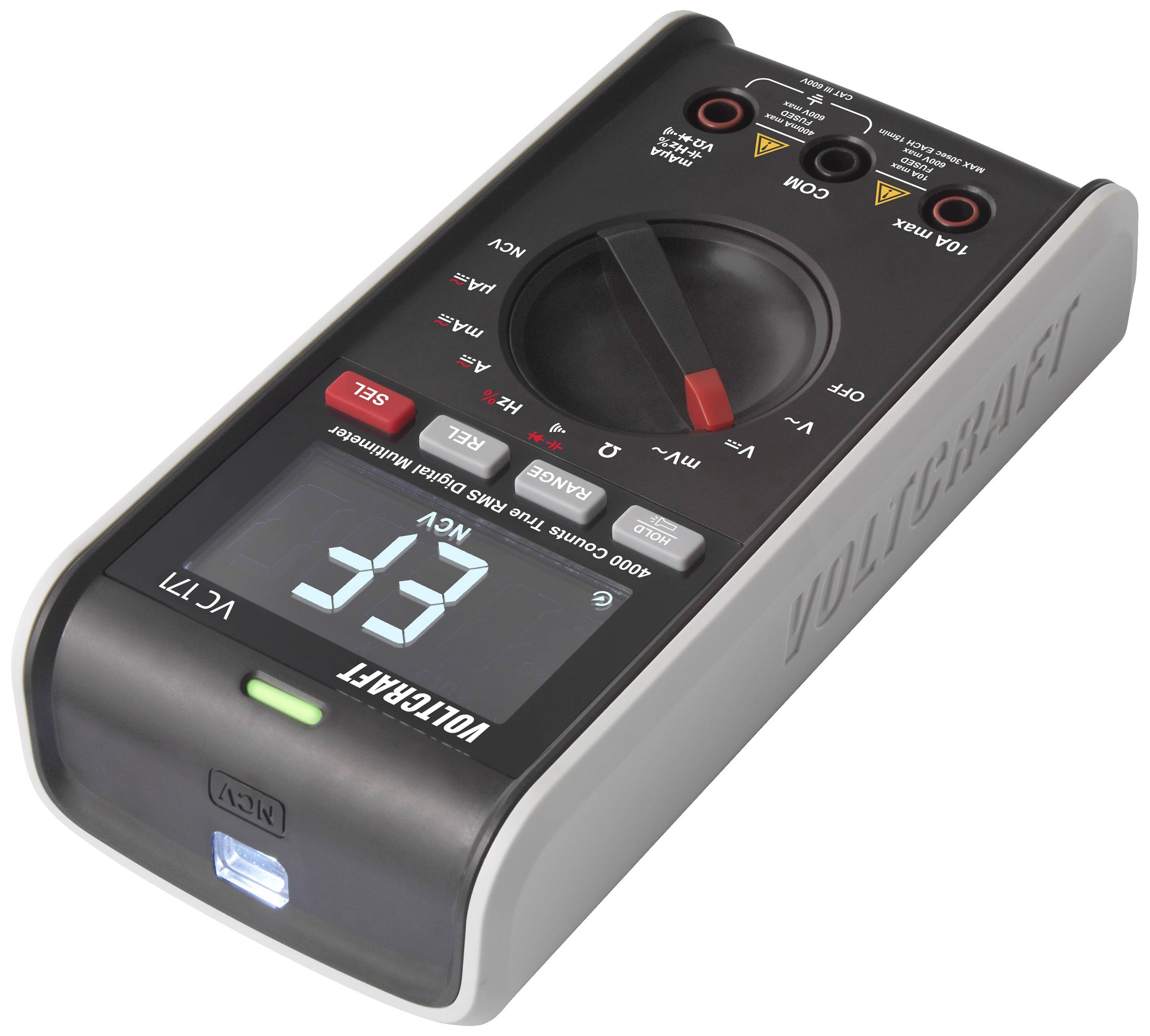 Et digitalt multimeter viser værdien '33' på displayet. Det måler spænding og har forskellige indstillinger for AC og DC.
