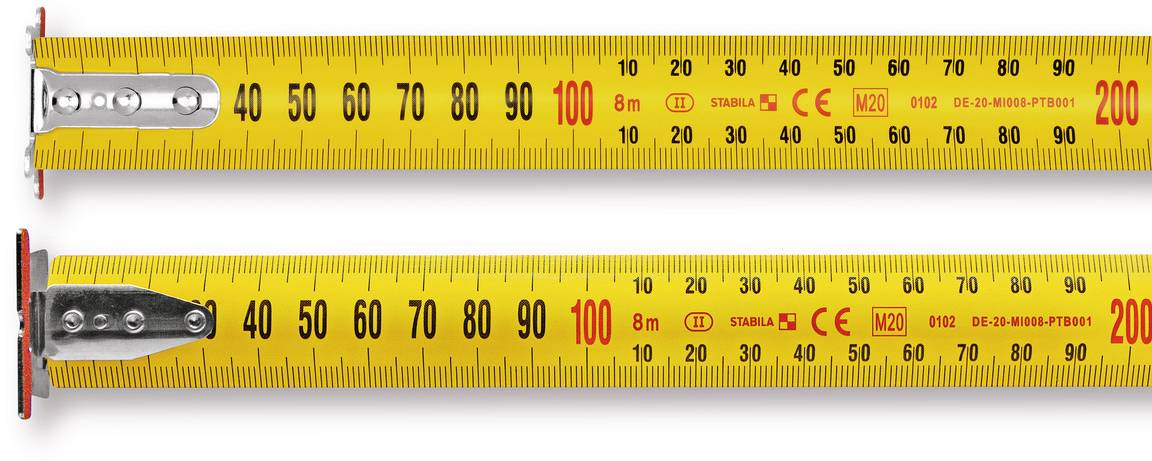 Et gult målebånd med markeringer op til 200 cm og en samlet længde på 8 m; viser millimeter- og centimeterafstande.