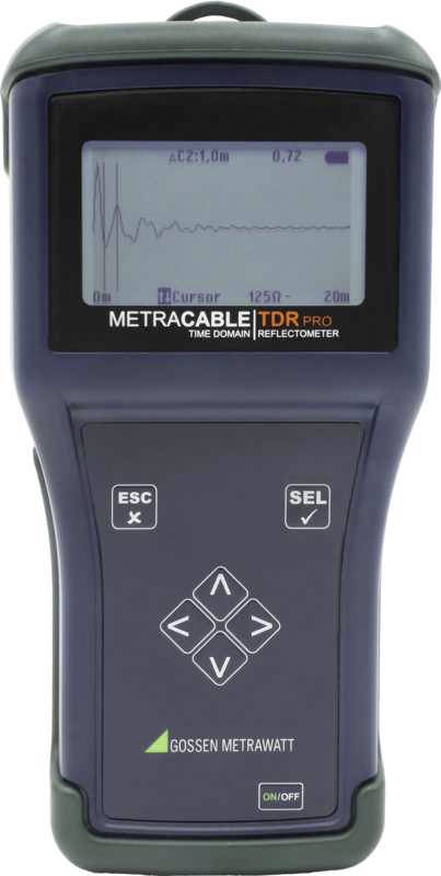 Et håndholdt apparat til kabellængde- og fejlregistrering. Display viser grafiske data. Navigationstaster nedenunder. Model 'METRACABLE TDR PRO'.