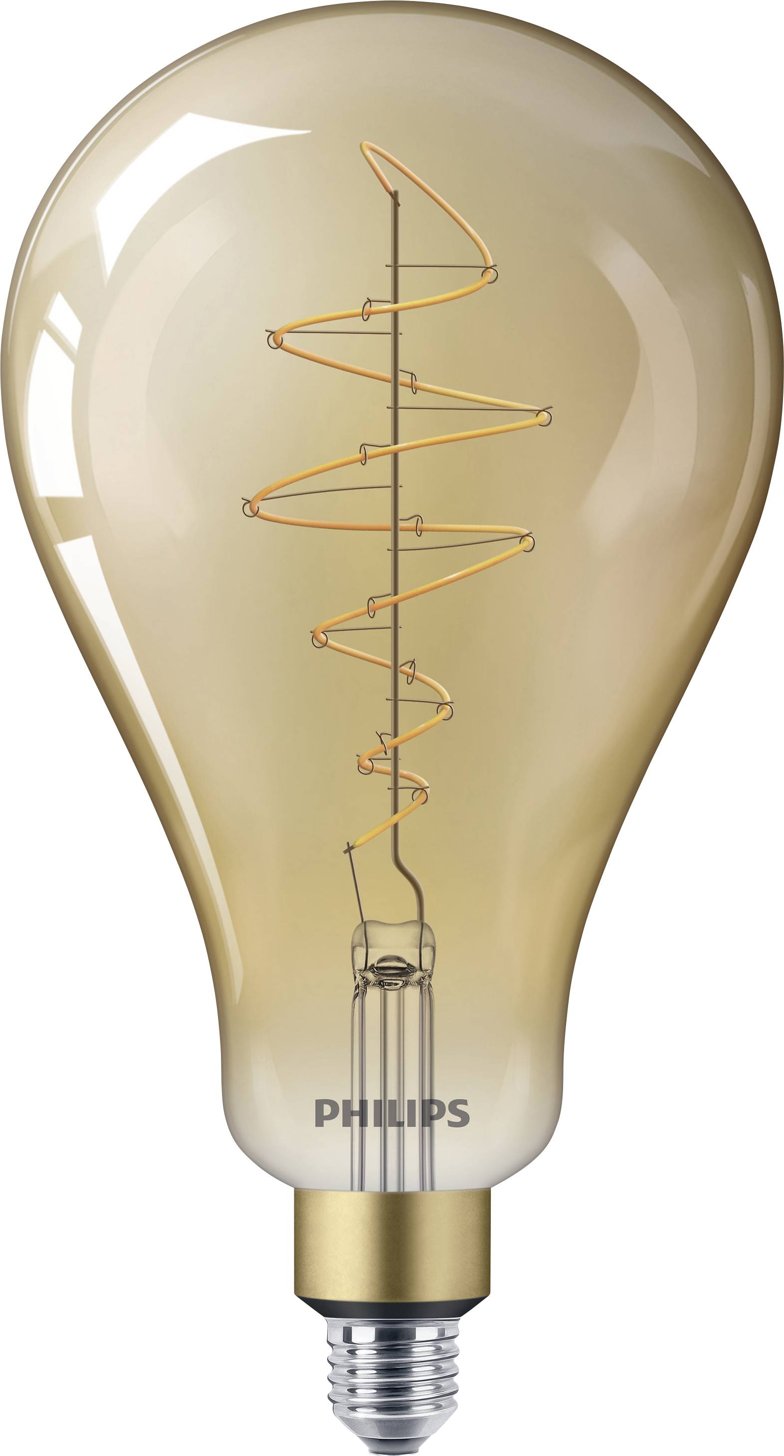En glødepære med synlig, spiralformet glødetråd. Pæren er fra mærket Philips og har et klassisk design.
