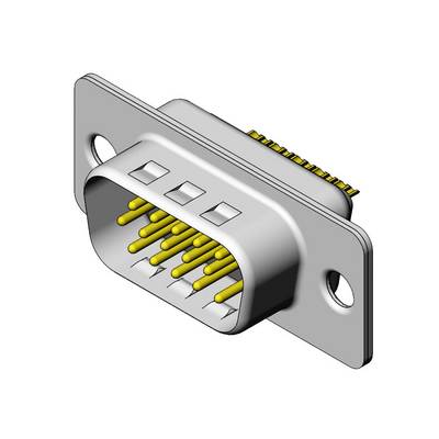 En D-Sub-stik med gule metalliske ben og et rektangulært hus. Den bruges hyppigt til elektroniske forbindelser.