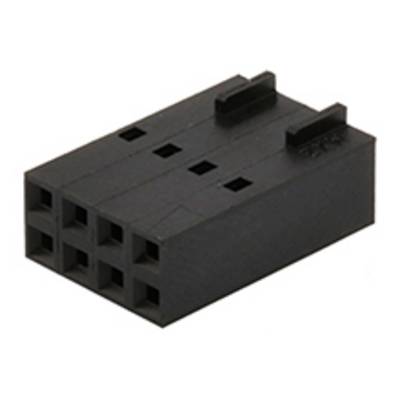 Sort, rektangulær plastikstik med seks kvadratiske åbninger; typisk bruges til elektroniske forbindelser.