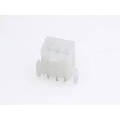 En hvid plastikstik med fire metalliske kontakter, der bruges til elektroniske forbindelser, foran en neutral baggrund.