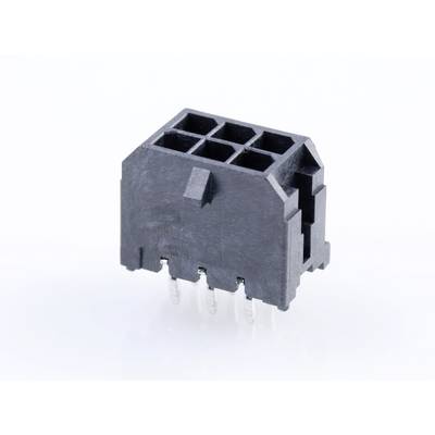 En sort, rektangulær plastikstik med seks tilslutninger. Den har metalben på undersiden til elektronisk forbindelse.
