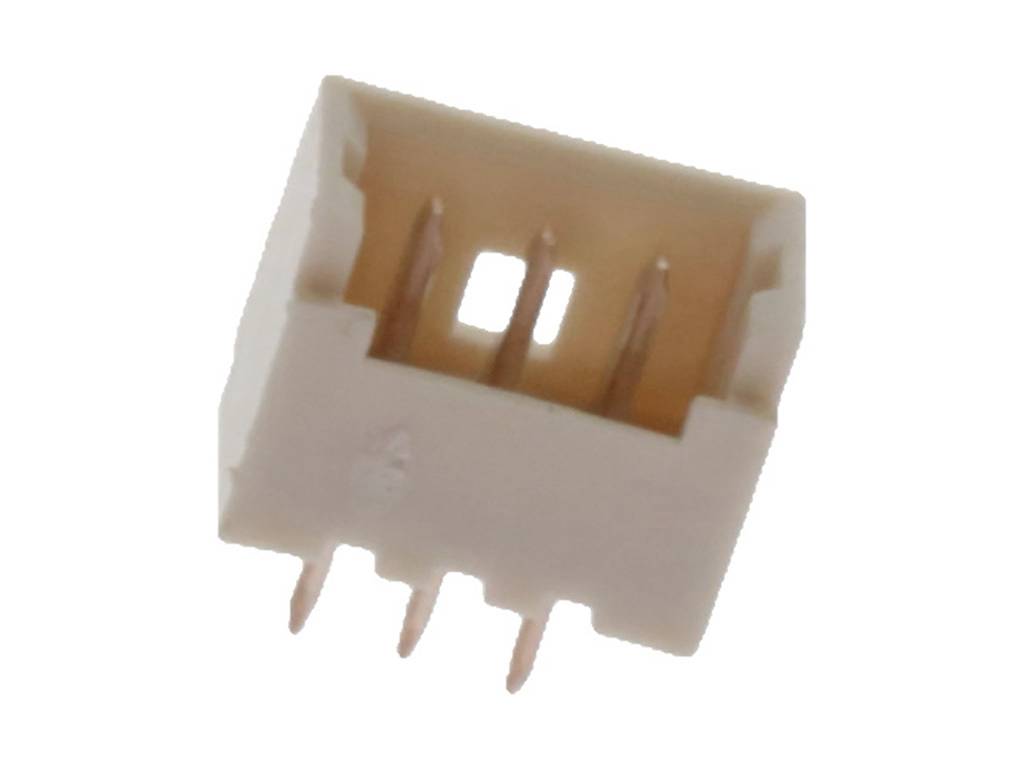 En hvid plastikstik med fire metalpinde, egnet til elektrisk forbindelse i en elektronisk enhed.