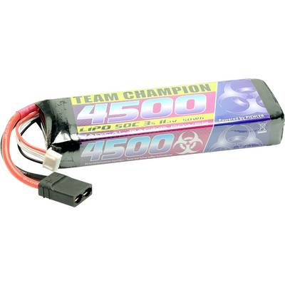 Sort og farverig lithium-polymer-batteri med påskriften 'TEAM CHAMPION 4500 LiPo 50C'. Energikilde til modelbyggeri.