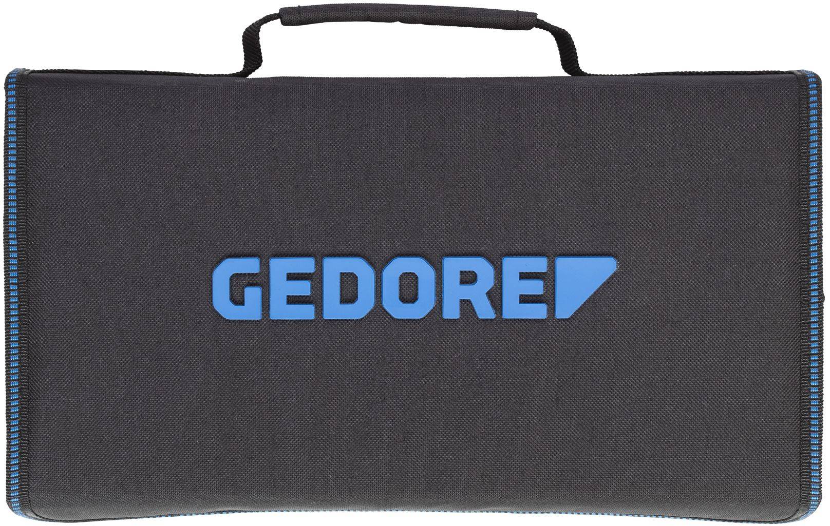 Sort værktøjstaske med blåt 'GEDORE'-logo trykt i midten, omkranset af blå syninger, plastgreb øverst.