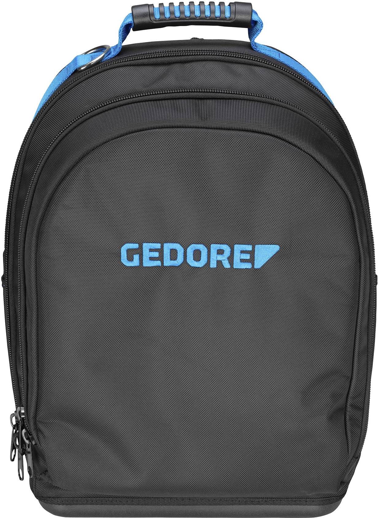 En sort rygsæk med blå skrift 'GEDORE' på forsiden. Rygsækken har en blå håndtag øverst.