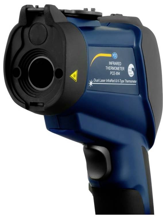 Håndholdt infrarød termometerpistol med trykknap, sort frontlinse og blå krop mærket 'INFRARED THERMOMETER' og 'Dual Laser Infrared K Type Thermometer'.