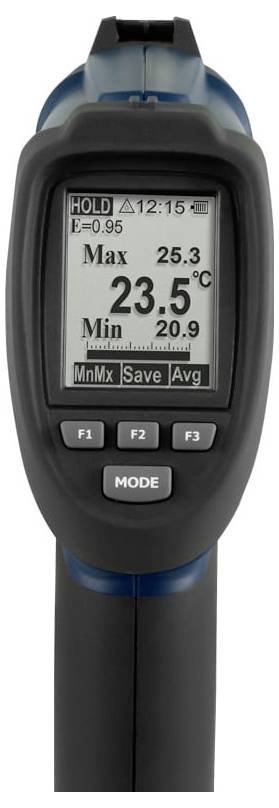 Håndholdt infrarødt termometer, der viser en temperaturmåling på 23,5°C, med max 25,3 og min 20,9 på displayet.