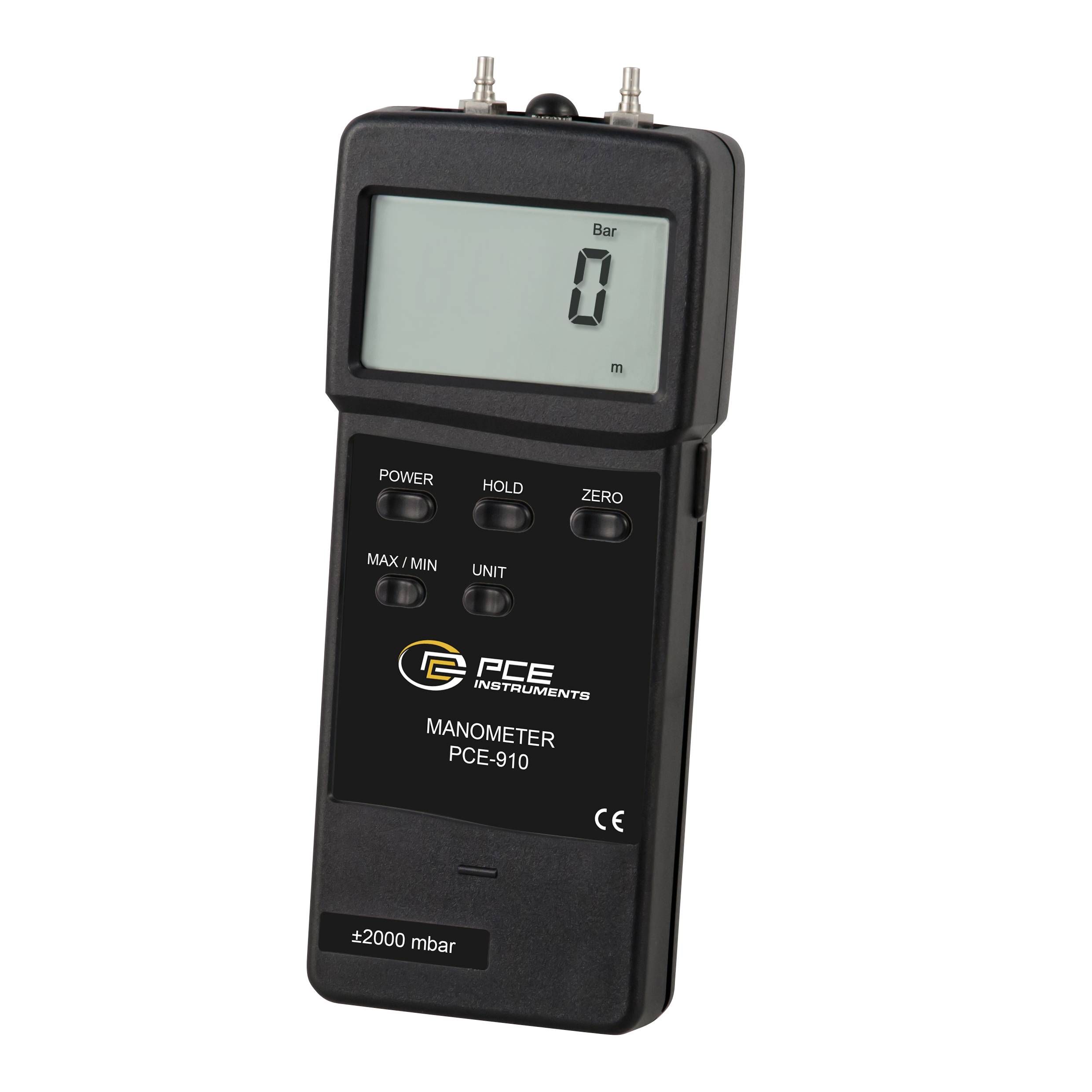 Håndholdt digitalt manometer viser 0 bar, med knapper til strøm, hold, nul, max/min og enhed, mærket PCE-910.