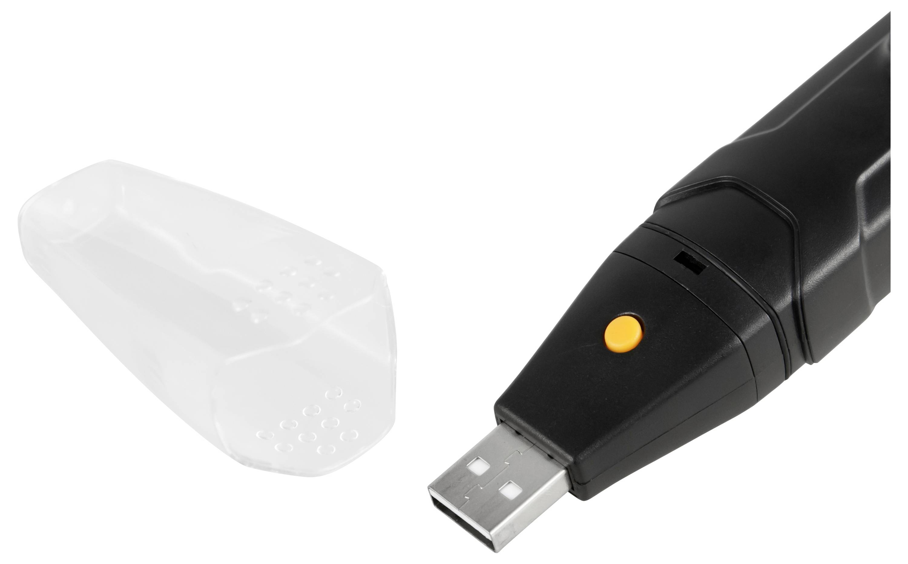 USB genopladeligt sort lommelygte med en orange knap og en gennemsigtig hvid diffusorkap vist ved siden af det.