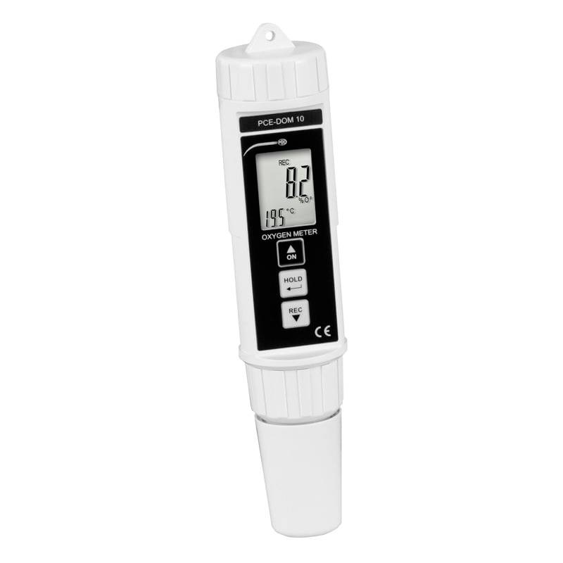 Bærbar PCE-DOM 10 iltmåler, der viser 8,2% og 19,5°C på sit digitale display.