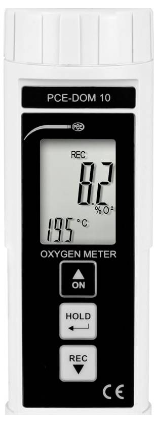 Håndholdt iltmåler der viser 8,2% O2 og 19,5°C, med ON, HOLD og REC knapper.