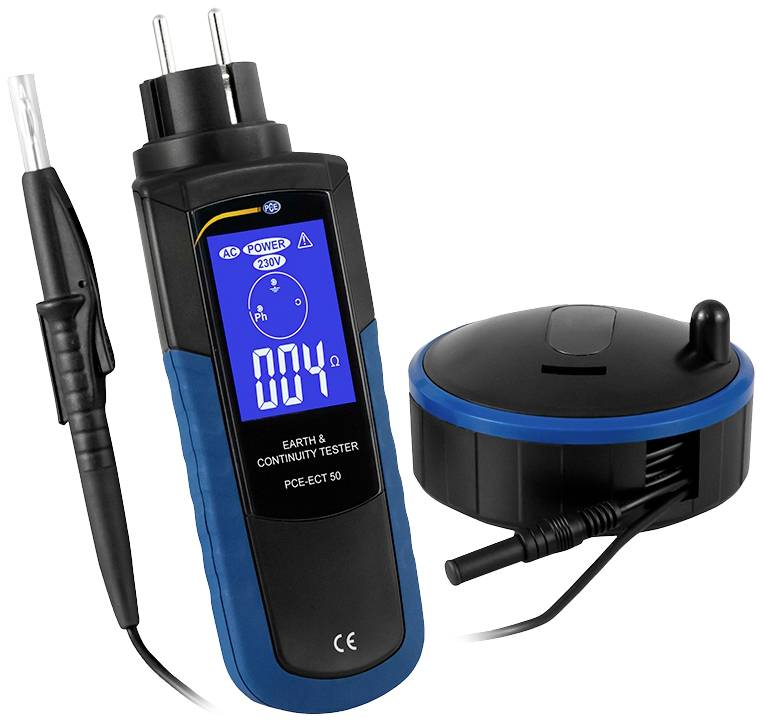Jord- og kontinuitetstester med blåt display viser '004 Ω'. Indeholder testprobe og sort basiseenhed med kabel.