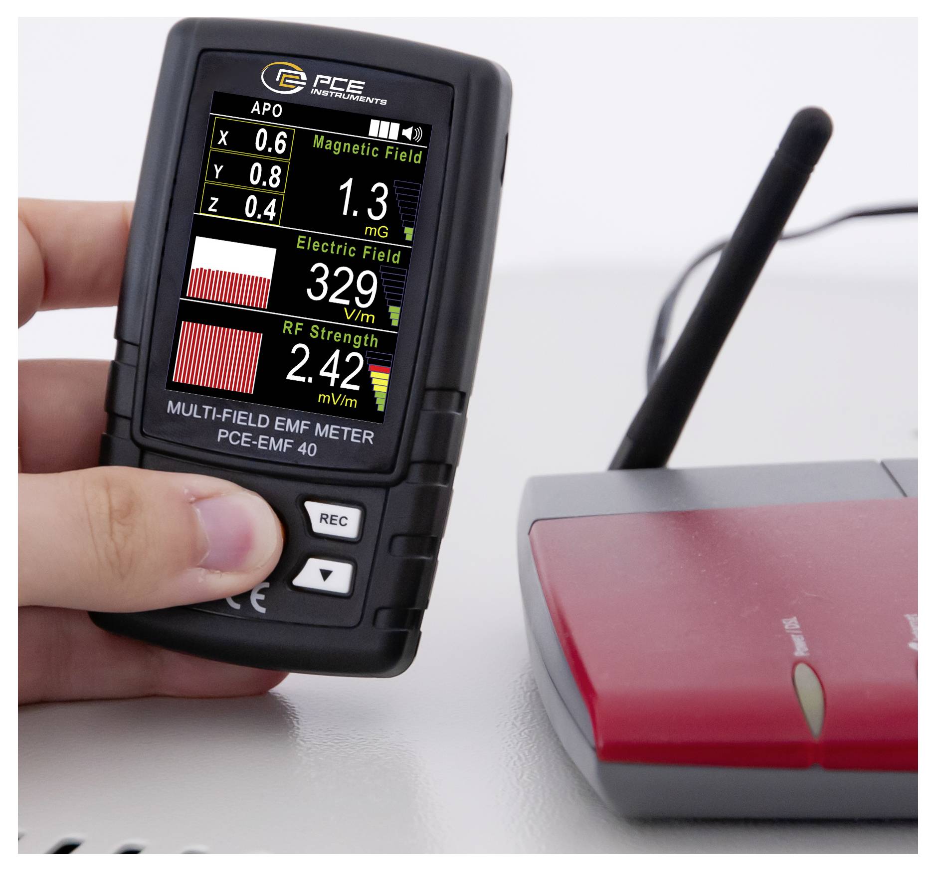 Hand holder et multi-felt EMF-måleinstrument, der viser magnetfelt, elektrisk felt og RF-styrke aflæsninger ved siden af en rød elektronisk enhed med et kabel.
