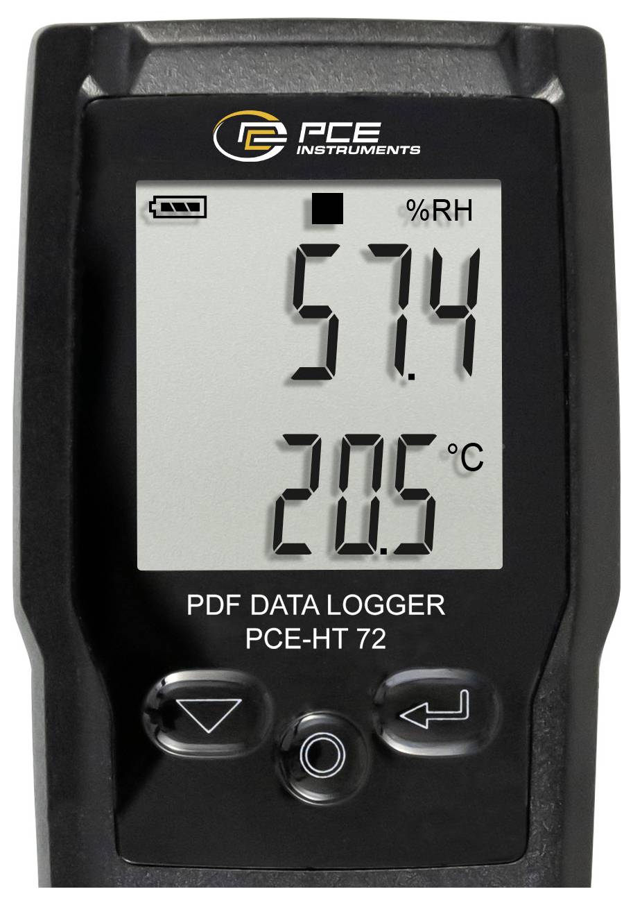 Digitalt PCE HT 72 PDF datalogger-display viser 57,4% RH og 20,5°C.