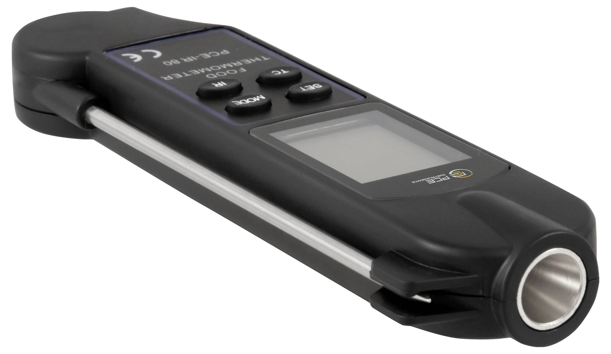 Håndholdt sort digitalt belagstykkelsesmåleinstrument med LCD-skærm og kontrolknapper, vist i vinkel på hvid baggrund.