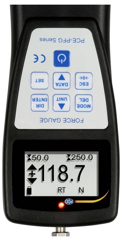 Bærbar svovlanalysator-display viser kraftmåler og digital aflæsning på 118,7 RT N, med tilstandsknapper og en oplyst statusindiktor.