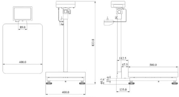 Et teknisk diagram viser side- og frontalvisningen af en elektronisk vægt med præcise måleangivelser i millimeter.