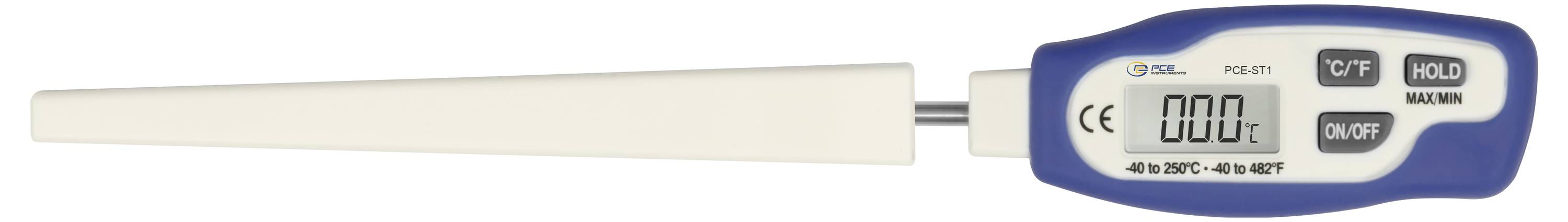 Digitalt termometer med lang probe og LCD-display viser 000.0, med C/F og hold-knapper på blåt håndtag.