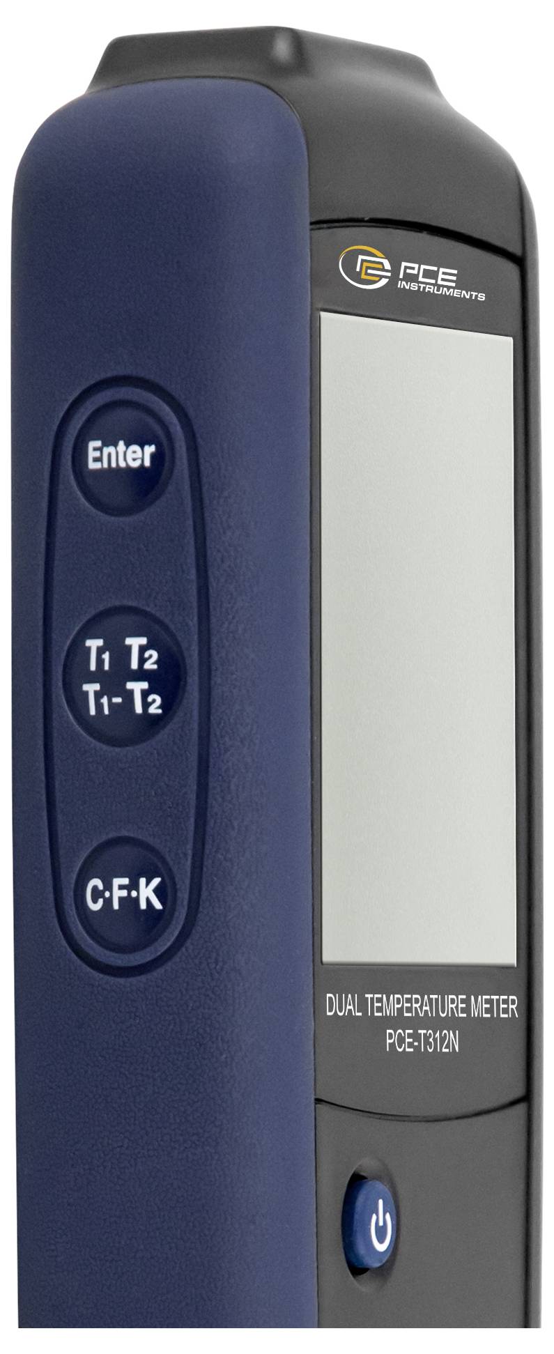 Håndholdt dobbelt-temperaturmåler fra PCE Instruments, model PCE-T312N, med stort display og knapper til Enter, T1/T2 og strøm.