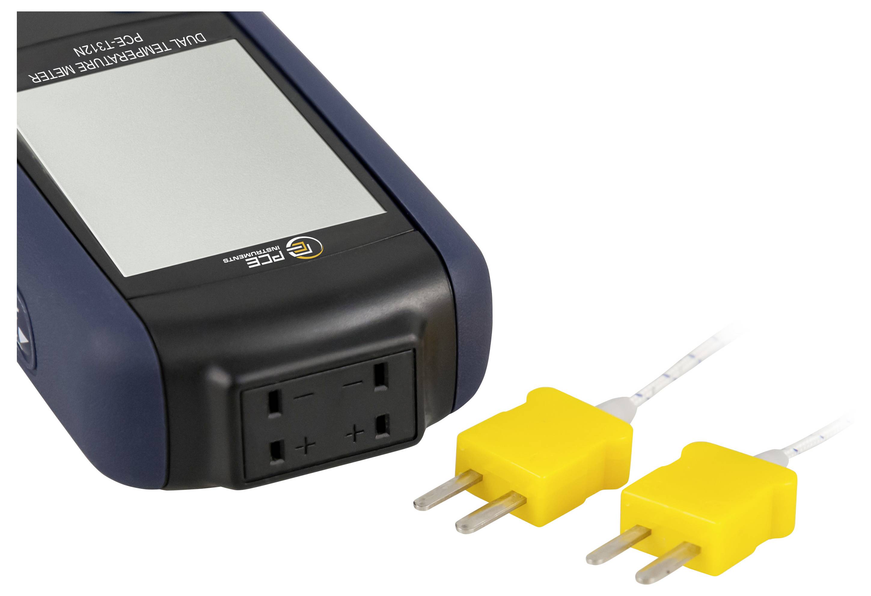 Bærbar batteripack/oplader med indbygget AC-stik, vist med to gule AC-stikadaptere fastgjort.