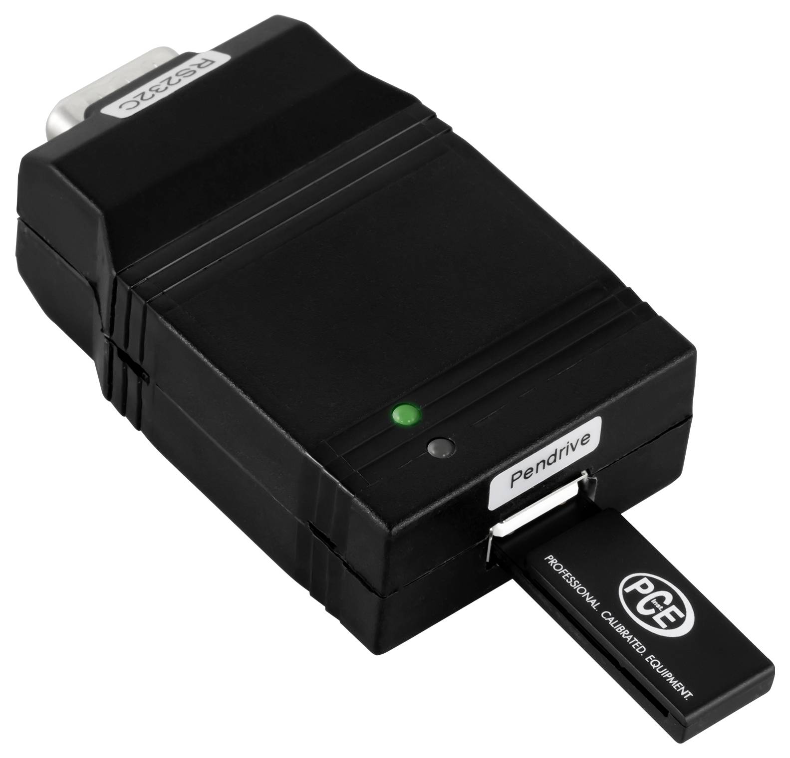 Sort RFID-læserenhed med tilsluttet USB-stik og grønt statuslys på hvid baggrund.