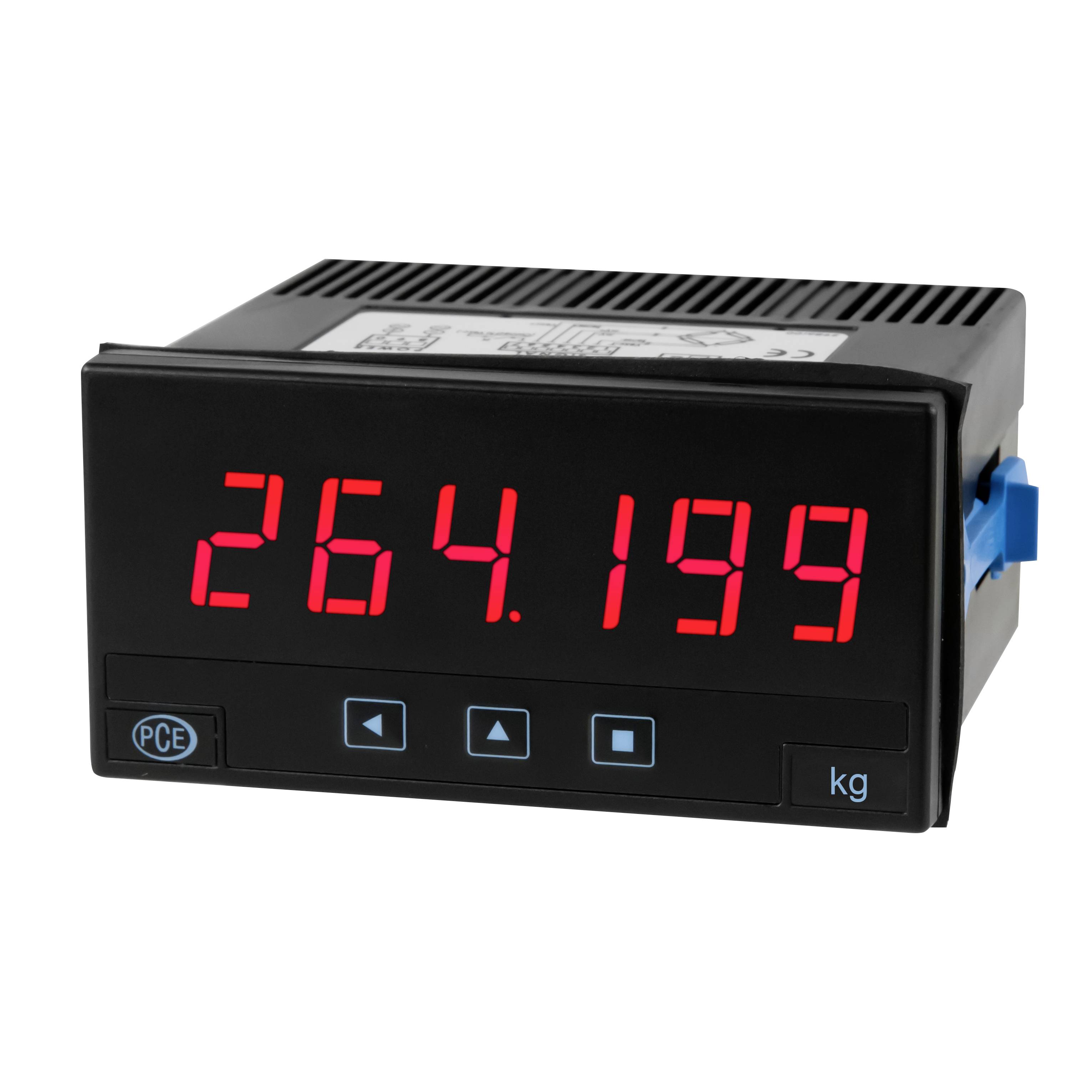 Digitalt panelmeter viser '264.199' i røde LED-cifre, med 'kg' enhedsetiket og blå kontrolknapper på et sort hus.