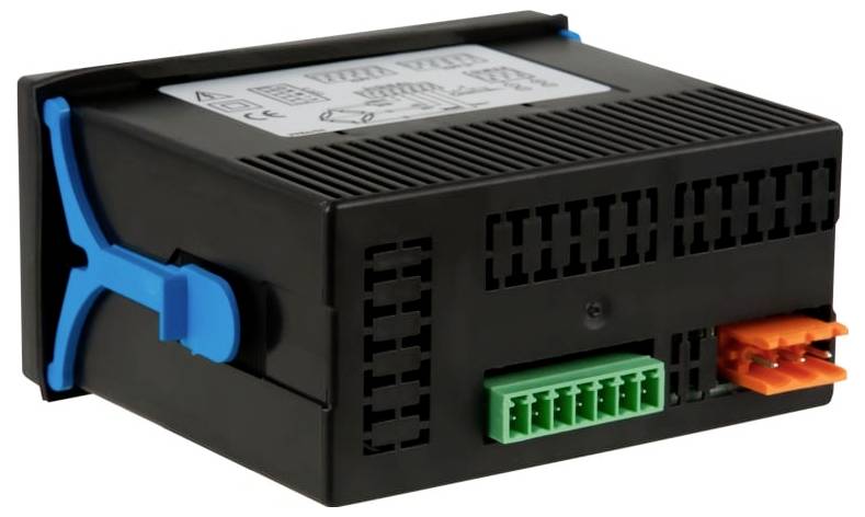 Sort elektronisk kontrolmodul med blå sidelås og grønne og orange terminalforbindelser på forsiden.