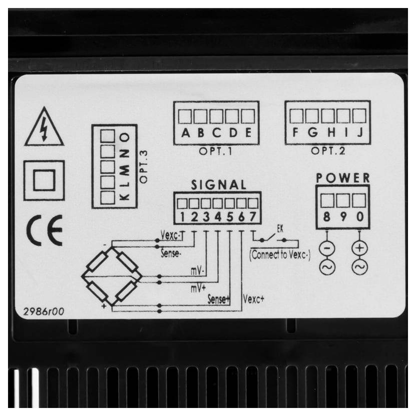 Mærkediagram for et elektronisk modul, der viser terminalopdelinger for OPT.1, OPT.2, OPT.3, SIGNAL og POWER forbindelser.