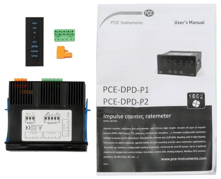 PCE Instruments impulstellerkit/frekvensmalerkit med displaymodul, stik og brugermanual til PCE-DPD-P1/P2-modellerne.