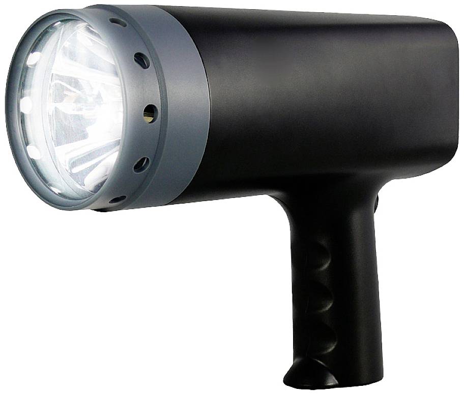 Sort håndholdt projektør med kraftigt lysende projektørhoved, velegnet til brug i mørke omgivelser.