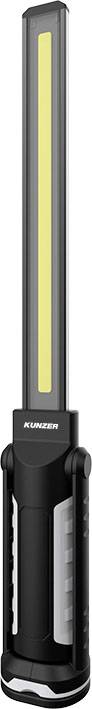 En bærbar LED-arbejdslampe med et slankt, sort design og en gul lysstribe midt på. Ideel til arbejdsområder.